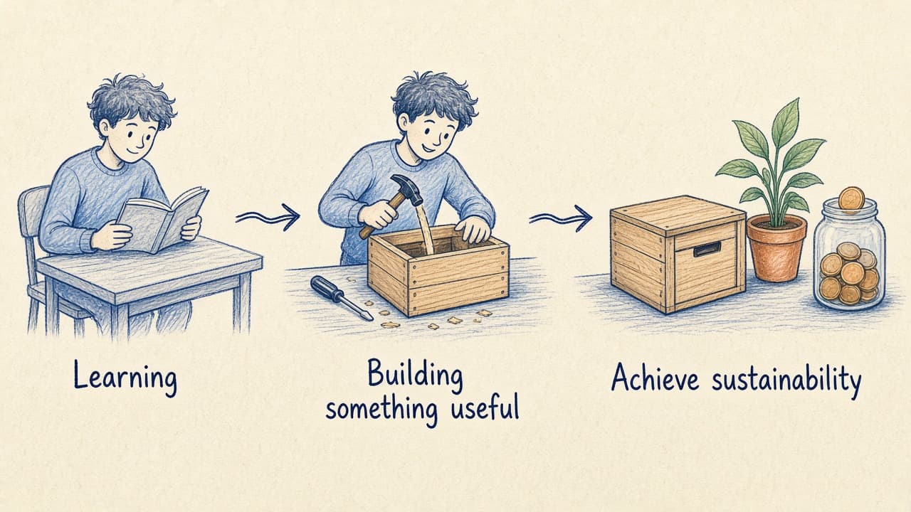 Hand-drawn sketch of three steps: a person reading labeled Learning, the same person building a box labeled Building something useful, and a finished box with a plant and coin jar labeled Achieve sustainability.